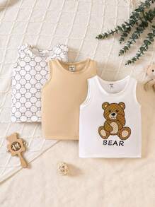 男嬰3入組熊和字母圖案背心上衣 - 杏色 - 查看 1