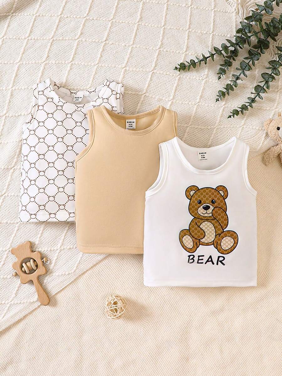 男嬰3入組熊和字母圖案背心上衣 - 杏色 - 查看 1