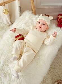 SHEIN Baby Boy Solid Tee & Pants & Hat for Christmas - Apricot - View 1