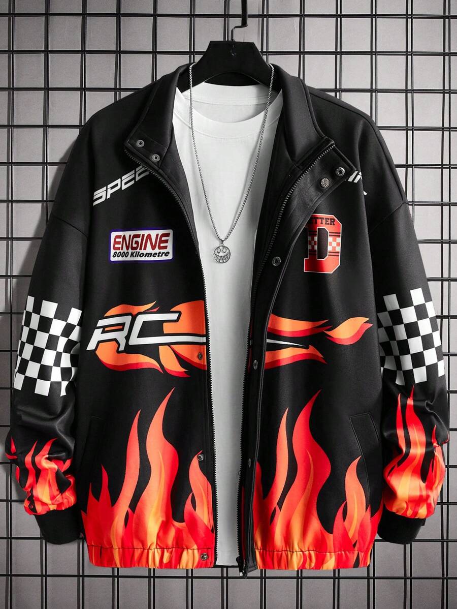 Manfinity EMRG Loose Men's Fire & Letter Graphic Design Drop Shoulder ...