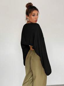 Flirla Women's Black Solid Drop Shoulder Rib-Knit Cardigan,Autumn Basic Casual Everyday Lightweight Regular Fit Long Sleeve Tops,Ladies Spring/Fall Plain - Black - View 2