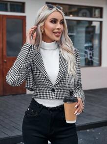 Aveloria Houndstooth Print Single Button Crop Blazer Fall Cloth For Women - Black and White - View 4