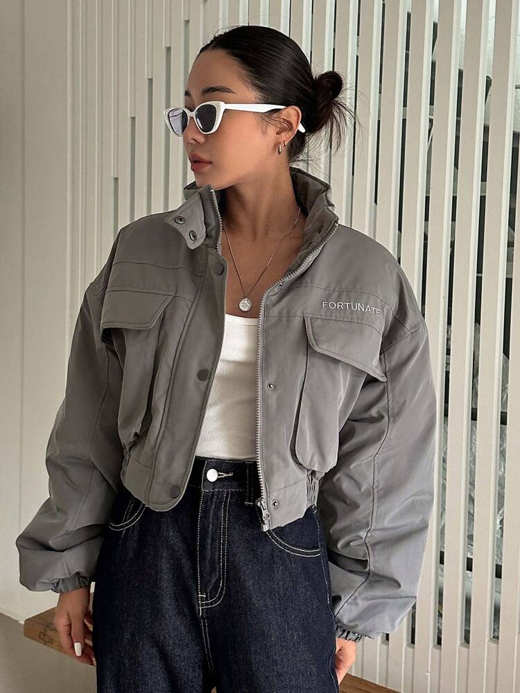 Letter Graphic Flap Pocket Drop Shoulder Winter Thick Pockets Coat, Women Winter Coat Jacket