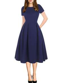 Solid Pleated Hem Dress - Navy Blue - View 1