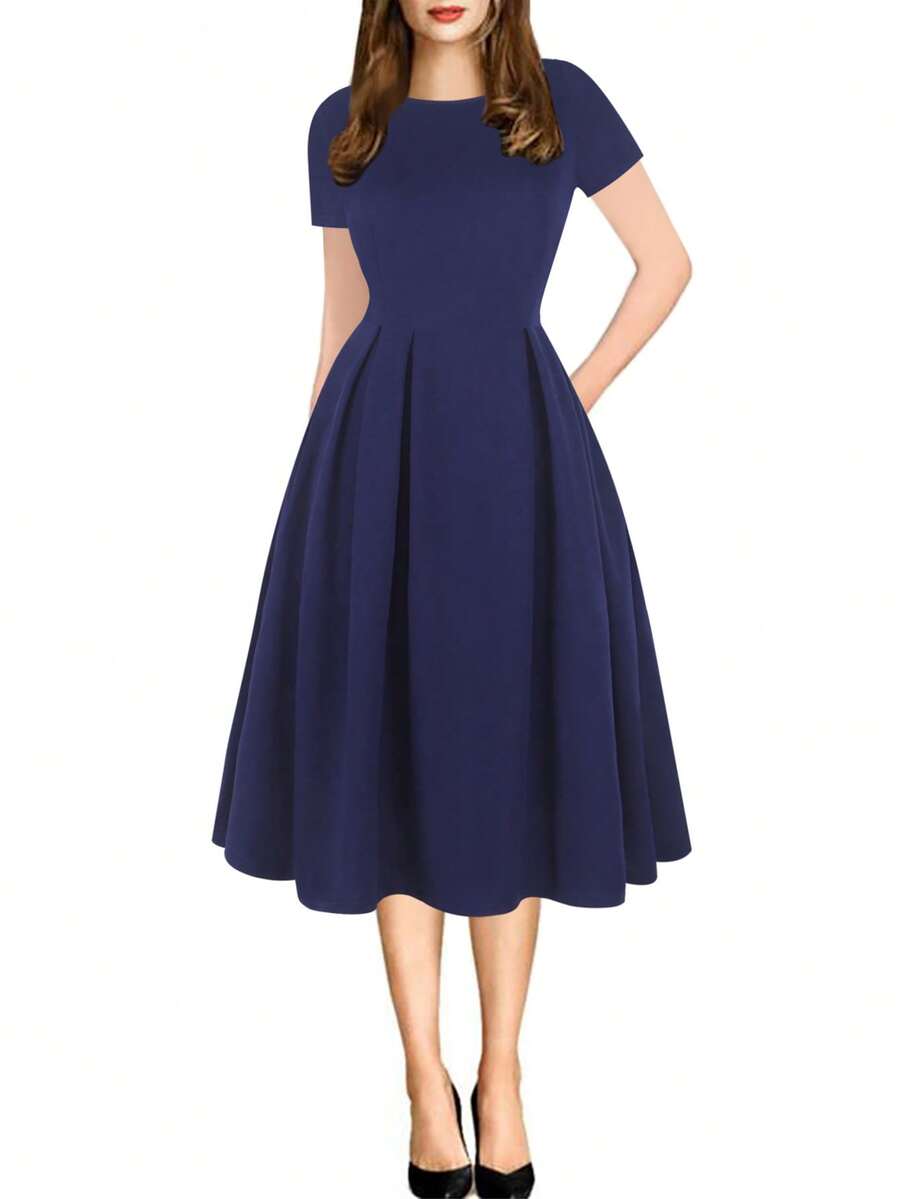 Solid Pleated Hem Dress - Navy Blue - View 1