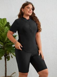 SHEIN Swim Curve Tankini con cremallera delantera y manga corta para tallas grandes - Negro - Ver 3