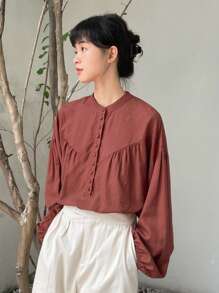 FRIFUL Half Button Drop Shoulder Blouse Linen,Fall Clothes Long Sleeve Top