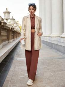 SHEIN Essnce Lapel Neck Pocket Patched Blazer - Beige - View 5