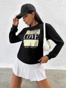 EURMUSE Long Sleeve Oversized Streetwear Sweatshirt With Letter Print - Black - View 3