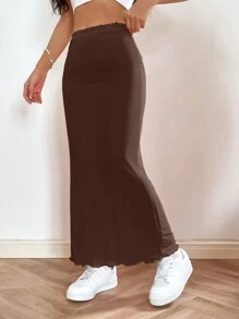 Muchica 素色木耳邊魚尾短裙 - 棕色 - 查看 5