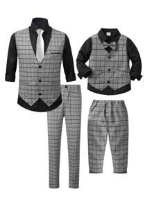 SHEIN 小男童1入組前蝴蝶結格紋背心和1入組長褲和1入組襯衫 - 灰色 - 查看 8