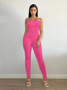 SHEIN SXY Solid Backless Tube Unitard Jumpsuit - Hot Pink - View 2
