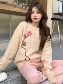 DAZY 花卉圖案補丁貼落肩袖套頭毛衣 - 杏色 - 查看 1