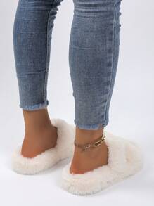 秋冬女士时尚舒适柔软家居拖鞋，毛绒拖鞋，女士毛茸茸露趾厚底拖鞋，舒适纯色防滑鞋，柔软防滑室内拖鞋 - 米色 - 查看 6