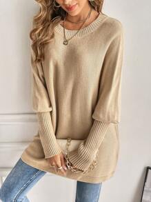 SHEIN LUNE Suéter de punto con mangas de murciélago para otoño e invierno - Caqui - Ver 4