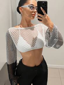 SHEIN ICON 鏤空短款毛衣不附胸罩 - 灰色 - 查看 3
