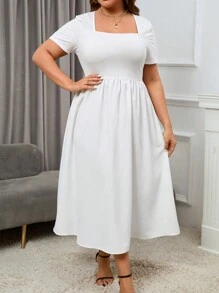 SHEIN Essnce Plus Square Neck A-line Dress - White - View 6