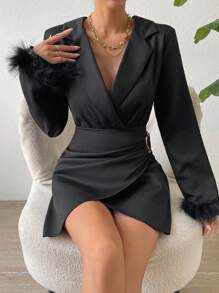 Chiquease Fuzzy Cuff Wrap Hem Dress - Black - View 1