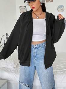 SHEIN EZwear Plus Zip Up Drop Shoulder Hooded Jacket - Black - View 3