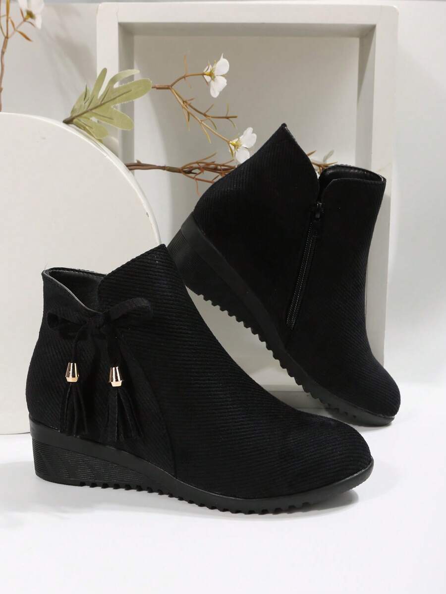 Fall/Winter Women's Wedge Heel Platform Boots, Perfect With Black Dress Black Bow Knot Side Zipper Slope Heel Fashion Ankle Boots,Boots For Women - Black - View 1