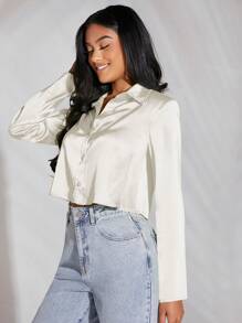 SHEIN BAE Solid Button Front Satin Crop Shirt,Long Sleeve Tops
