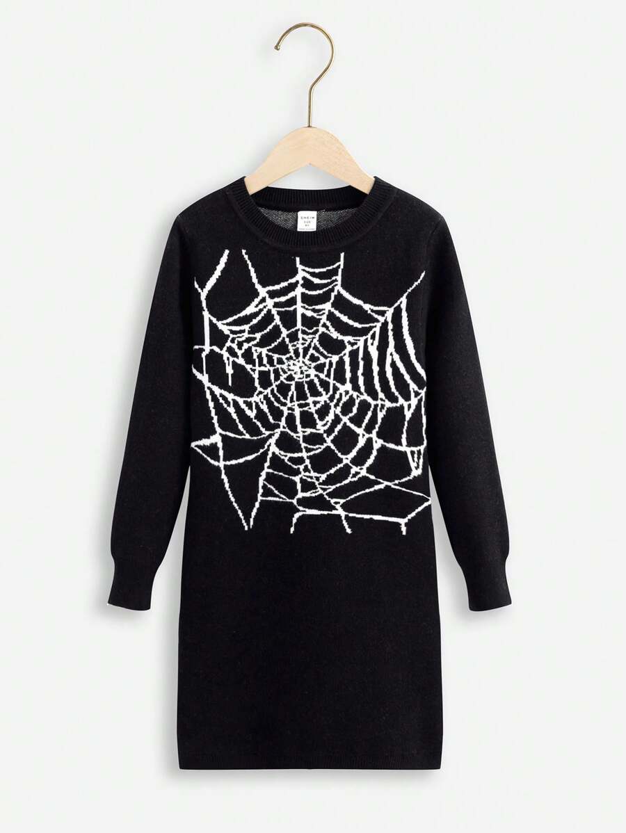 SHEIN Ragazza Tween Abito maglione con modello ragnatela