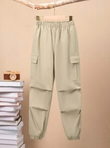 SHEIN Tween Boy Flap Pocket Side Cargo Pants - Khaki - View 3