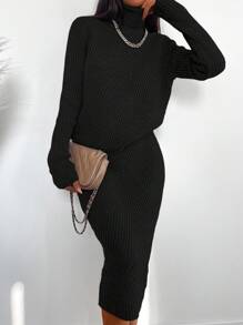 EURMUSE Turtleneck Ribbed Knit Sweater & Knit Skirt - Black - View 3