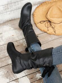 WRCVS 2025 年秋冬女式圆头褶皱套穿 PU 皮革装饰系带时尚及膝高筒靴，圆头内增高，轻便便捷的马靴，配有腰带扣装饰 - 黑色 - 查看 7