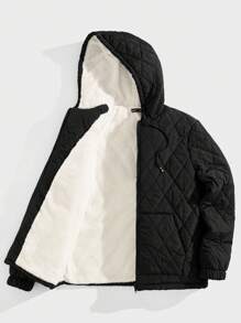 GENTILAND Men Thermal Lined Drawstring Hooded Quilted Padded Coat, For Fall Winter - Black - View 6