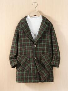 Tween Boy 1pc Plaid Lapel Collar Dual Pocket Overcoat