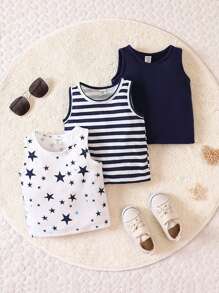 Baby Boy 3pcs Striped & Star Print Tank Top - Blue - View 1