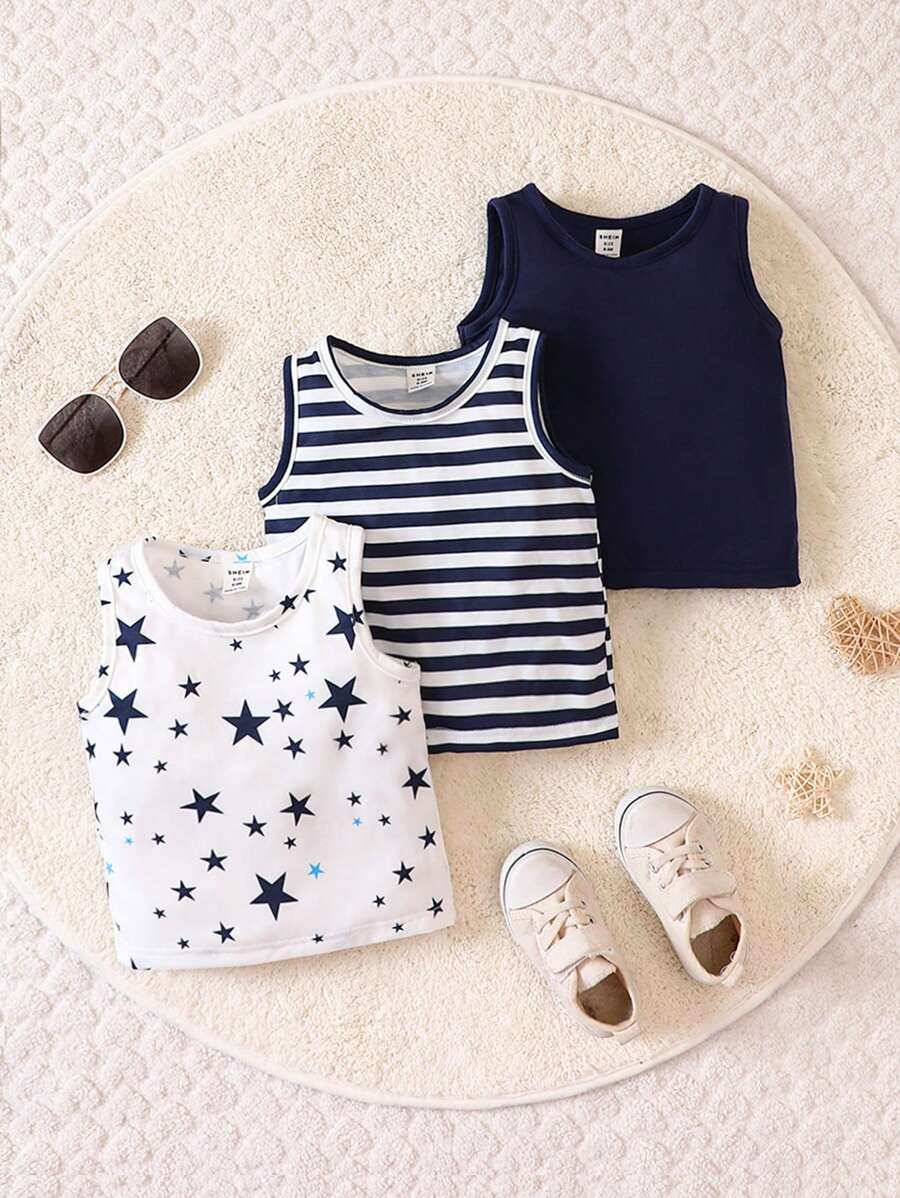 Baby Boy 3pcs Striped & Star Print Tank Top - Blue - View 1