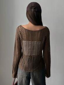 DAZY 休閒透膚 開衩純色女士上衣 - 咖啡棕 - 查看 2