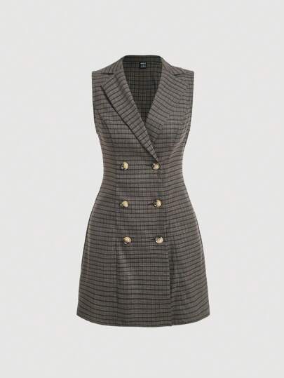 SHEIN MOD 格子縞プリント ダブルブレスト Tシャツなし ドレス