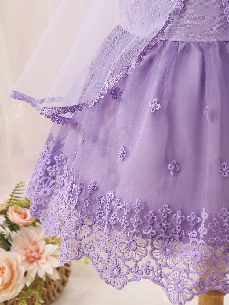 Baby Girl Contrast L Bow Front Mesh Overlay Dress