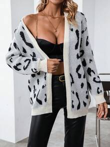 SHEIN Essnce Leopard Pattern Drop Shoulder Cardigan - Beige - View 5