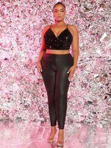 SHEIN SXY 大碼亮片吊帶短上衣 - 黑色 - 查看 3