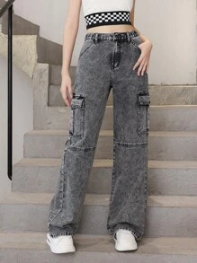 青少年女孩側翻蓋口袋工裝牛仔褲