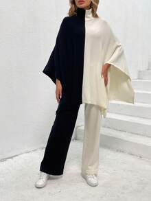 Two Tone Batwing Sleeve Sweater & Knit Pants - Black and White - View 5