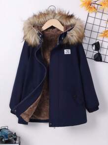 SHEIN 男大童字母補丁細節毛茸邊加絨內裏連帽外套