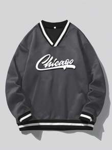 Manfinity Homme Men Plus Letter Graphic Contrast Trim Sweatshirt - Dark Grey - View 4