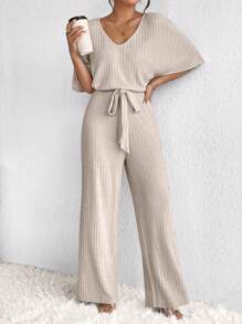 SHEIN Frenchy 女士蝙蝠袖腰帶寬腿連身褲 - 杏色 - 查看 3