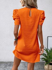 SHEIN Clasi Solid Puff Sleeve Tunic Dress - Orange - View 2