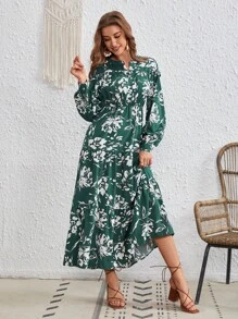 SHEIN VCAY Vestido con estampado floral de cuello notch bajo con fruncido sin cinturón - Verde - Ver 6