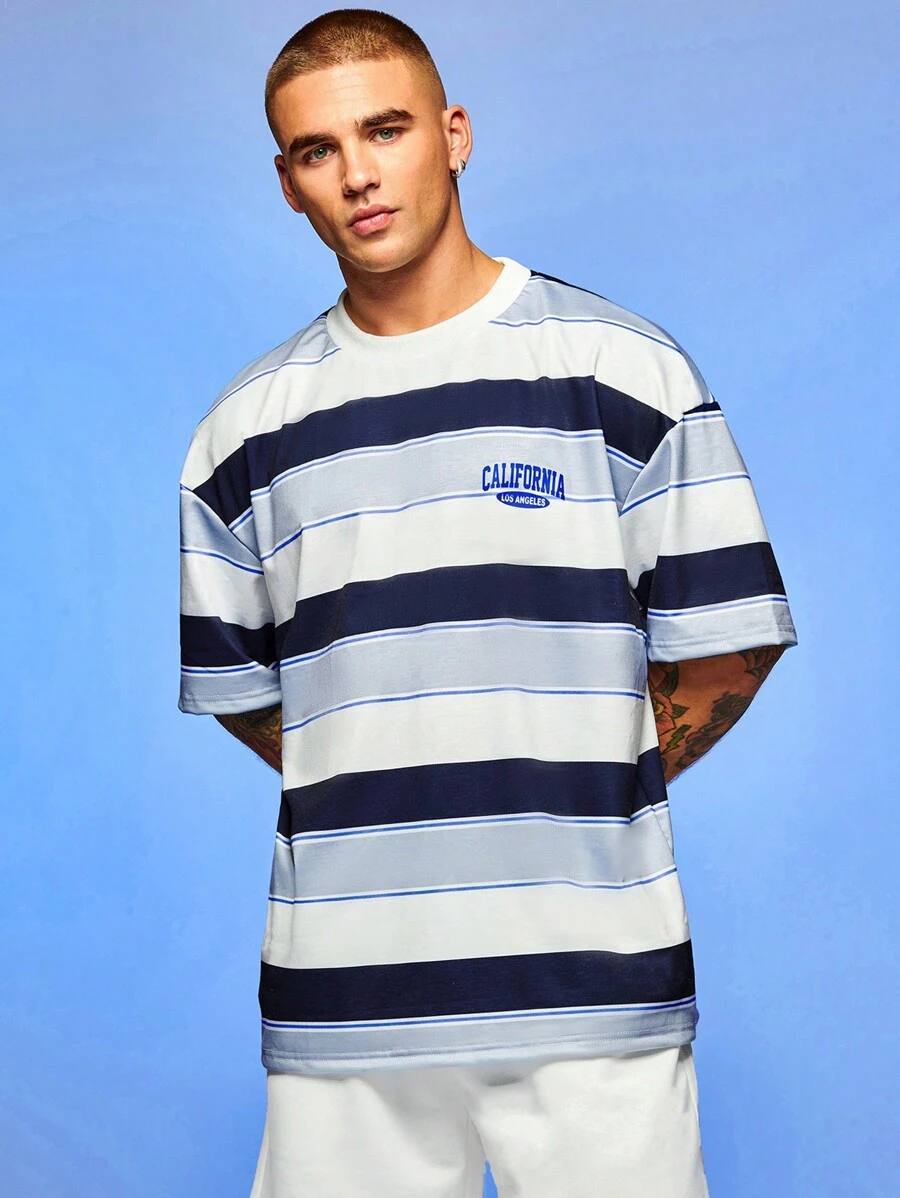 Manfinity Hypemode Men Striped & Letter Graphic Drop Shoulder Tee