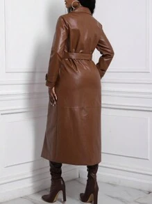 Slaydiva 雙排釦腰帶亮面風衣外套 - 棕色 - 查看 2