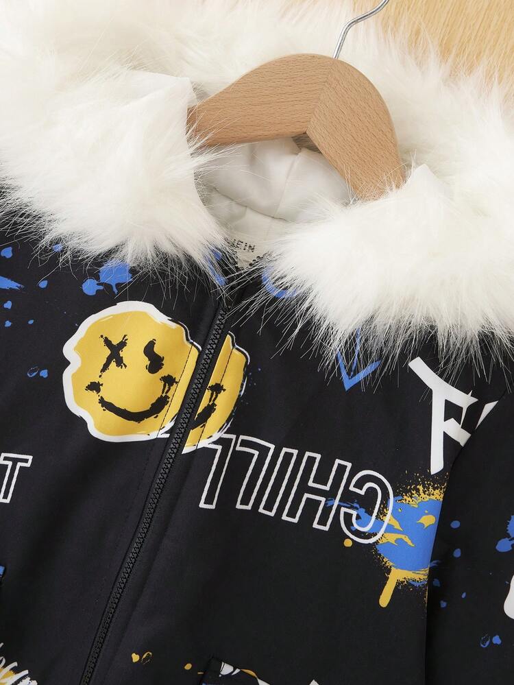 Young Boy Slogan & Cartoon Graphic Fuzzy Trim Hooded Thermal Lined Padded Coat