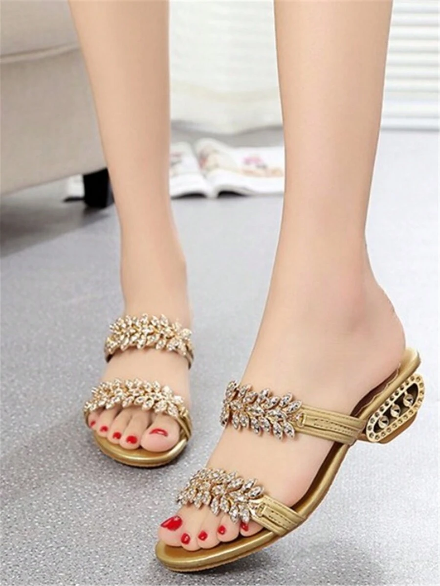 2025年夏季新款时尚女士水晶装饰方形高跟露趾凉鞋 - 金色 - 查看 1