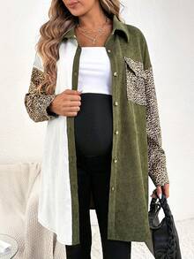 SHEIN 孕婦豹紋拼色落肩帶蓋口袋燈芯絨外套 - 彩色 - 查看 4